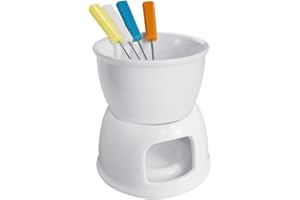 Tebery Fondue Set with 4 Color Forks, Premium Tea Light Porcelain Melting Pot for Cheese, Chocolate and Tapas - White