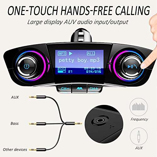 Bluetooth FM Transmitter Car MP3 Player Hands-Free Car Kit Wireless Radio Audio Adapter with Dual USB 5V 2.1A USB Port, U Disk, TF Card, Folder Playback, AUX Input Output, Voice Navigation - Thumbnail 5