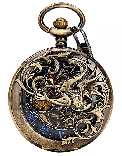 Carrie Hughes Men's Dragon Engraving Vintage Steampunk Skeleton Mechanical Pocket Watch with Chain CHPW10 (CHPW10A)