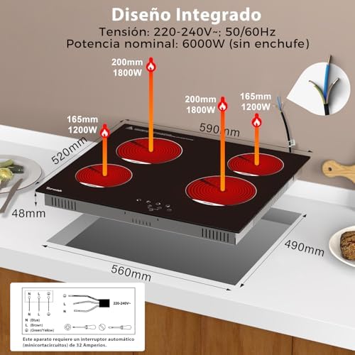 Placa cerâmica de 4 bocas, placa cerâmica de 60cm, 6000W