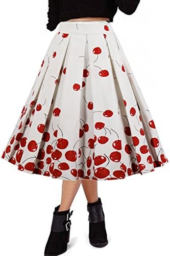 Mulanbridal Women's A-Line Pleated Swing Vintage Skirt Floral Print Casual Flared Midi Skirts Cherry XXL