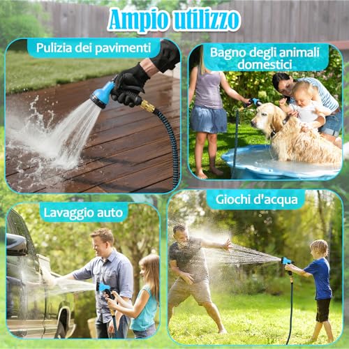 30M Extendable Flexible Garden Water Hose 8 Functions Spray Water Hose with 1/2" and 3/4" Brass Connector, Suitable for Car Wash, Garden, Lawn, Animal Baths (Blue)