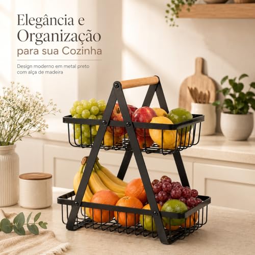 Fruteira Cesto de Mesa 2 Andares em Metal Preto com Alça de Madeira – Organizador de Frutas, Legumes e Mantimentos para Cozinha