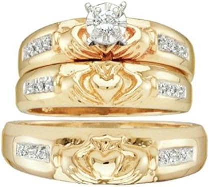 0.12 cttw 14k Yellow Gold Diamond His and Hers Claddagh Engagement Wedding Ring Trio Set
