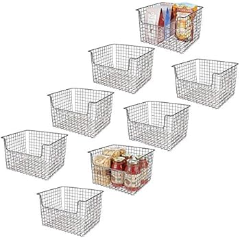 mDesign Metal Kitchen Pantry Food Storage Organizer Basket - Farmhouse Grid Design with Open Front for Cabinets, Cupboards, Shelves - Holds Potatoes, Onions, Fruit - 12