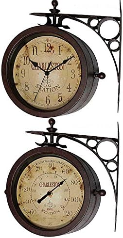 Waterproofed And Protected Against Most Climates Clear Display Minute Hand Numerical Display Two-Sided Rustic Clock/ Thermometer