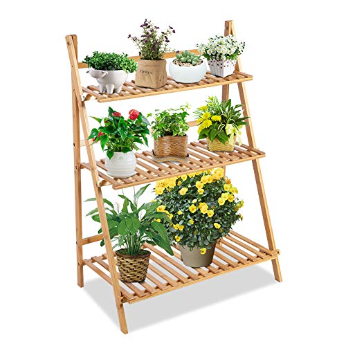 Wood Ladder Plant Stand, 3 Layer Foldable Freestanding Flower Pot Rack Plant Display Shelf Storage Stand with Gardening Tools, Glove, Screwdriver for Indoor Outdoor Greenhouse Balcony Living Room Gard