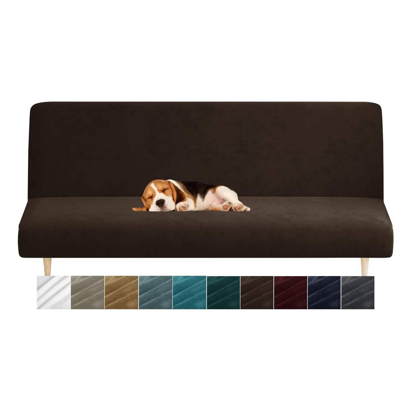 CHELZEN Velvet Futon Cover High Stretch Armless Couch Covers Spandex Fabric Sofa Bed Slipcover Anti Slip Furniture Protector (Futon, Dark Coffee) — image 1
