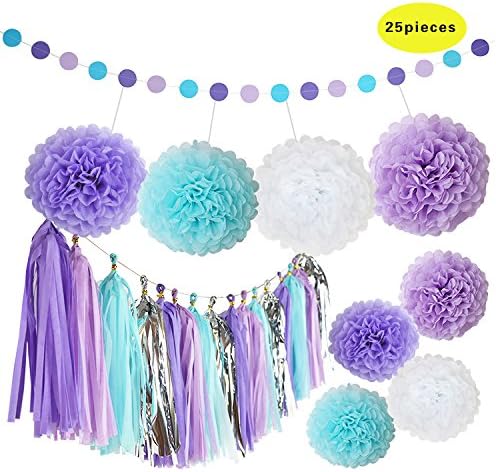 Set of 25pcs Purple Lavender White Baby Blue Tissue Paper Tassels party Garland Bunting Pom Pom Rustic Wedding Baby