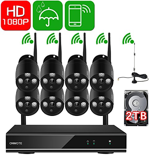 [1080P HD Auto-Pair Wireless] ONWOTE 8 Channel 1080P Outdoor Wireless Security Camera System with 2TB Hard Drive and 8 HD Night Vision 2.0 MP WiFi IP Surveillance Cameras