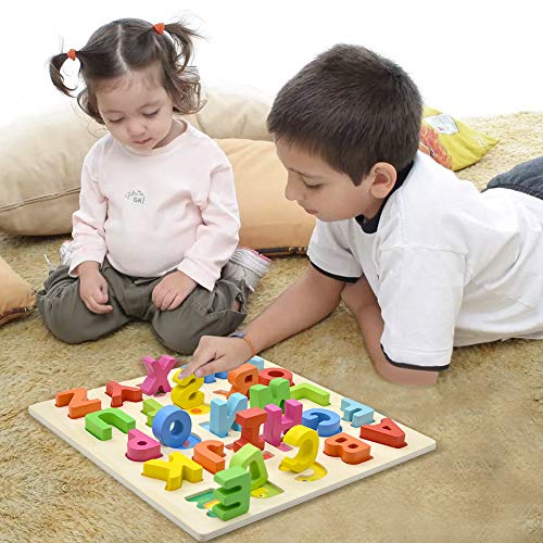GEMEM Alphabet Puzzle Wooden Upper Case Letters ABC and Number Learning Blocks Board Toys for Toddlers Preschools Above 2 Year Old Pack of 2