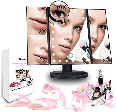 Sanshuai TriFold Standing Adjus Table Led Lighted Makeup Vanity Mirror, 1x/2x/3x/10x magnification Cosmetic Mirror (Black)