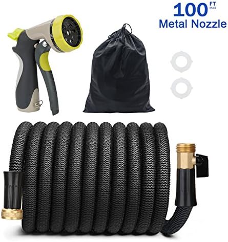 Hongmai Garden Hose - 100ft Expandable Garden Hose, 3/4" Solid Brass Fittings, Extra Strength Fabric, Heavy Duty Leakproof Protector - Kink Free Flexible Water Hose with 8 Function Zinc Metal Nozzle