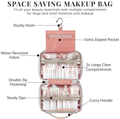 Large Hanging Toiletry Bag Women - Cosmetics Case/ Makeup Organizer with Hook with Clear Compartments by Lily England (Rose Gold) 3 Large Hanging Toiletry Bag Women - Cosmetics Case/ Makeup Organizer with Hook with Clear Compartments by Lily England (Rose Gold)