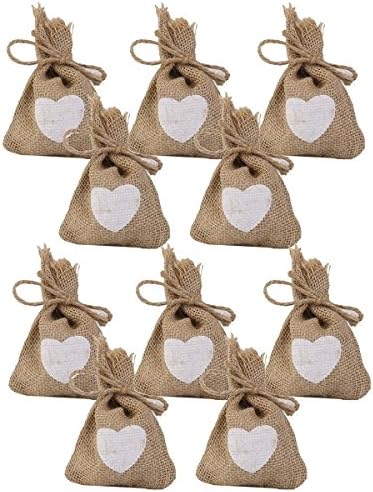 Organza Bags Wedding Party Favor Bags Jewelry Pouches Print Linen Jute Sack Pouch Drawstring Candy Bags with Heart Pattern 10PCS