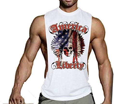 America Liberty Indian Chief Skull Muscle Cut T-Shirt Bodybuilding Tank Top White