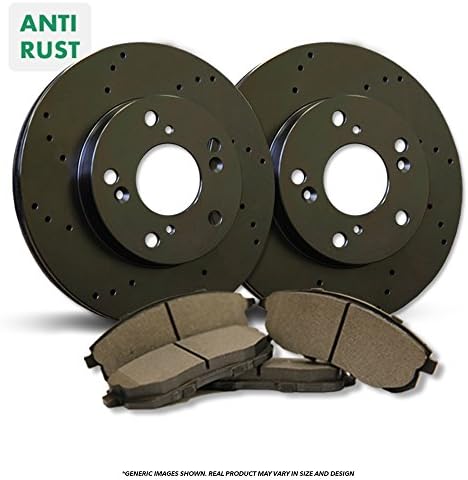 Front Kit^^2 Heavy Duty Black Coated Drilled Rotor + 4 Semi-Metallic Pad^^5lug