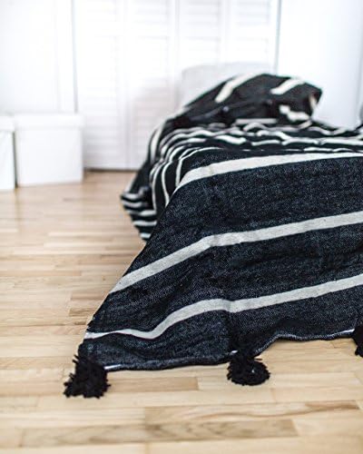 Black Jaguar. Moroccan Pom Pom Blanket Throw, Quilt, Bedding, Wool. Medium (59 x 98 inches / 1.5 x 2.4 m)