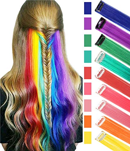 BINIHA Rainbow Hair Extensions Colored Party Highlights Straight Hair Extension Clip In/On For Amercian girls and Dolls Kids Costume Wig Pieces 9PCS