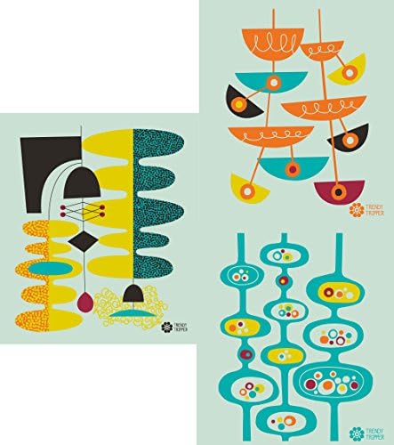 Swedish Dishcloths, Set of 3 Mid-century Modern Designs by Jenn Ski - Assorted Colors (Wasabi/Blue Grass/Orange on Pastel Green)