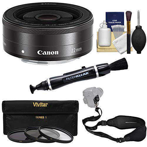 Canon EF-M 22mm f/2 STM Pancake Lens (Black) with 3 UV/CPL/ND8 Filters + Strap + Kit