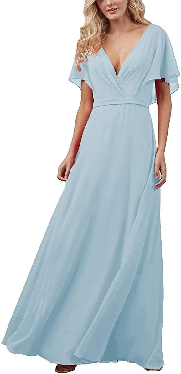Long V-Neck Chiffon Bridesmaid Dresses Short Sleeve A-Line for Women Backless 2021