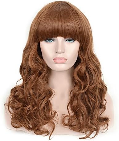 SiYi Long Brown Curly Wig with Bangs Wavy Synthetic Hair Wig Heat Resistant Cosplay Full Wig for Women Girls