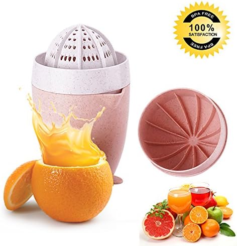 World Power Manual Juicer，BWORPPY Portable Lid Rotation Lemon/Orange Hand Juicer with Strainer and Container (Pink)