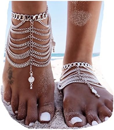HUSUP 1 Pair Boho Vintage Gold Silver Coin Blessing Symbol Tassel Anklets Foot Jewelry