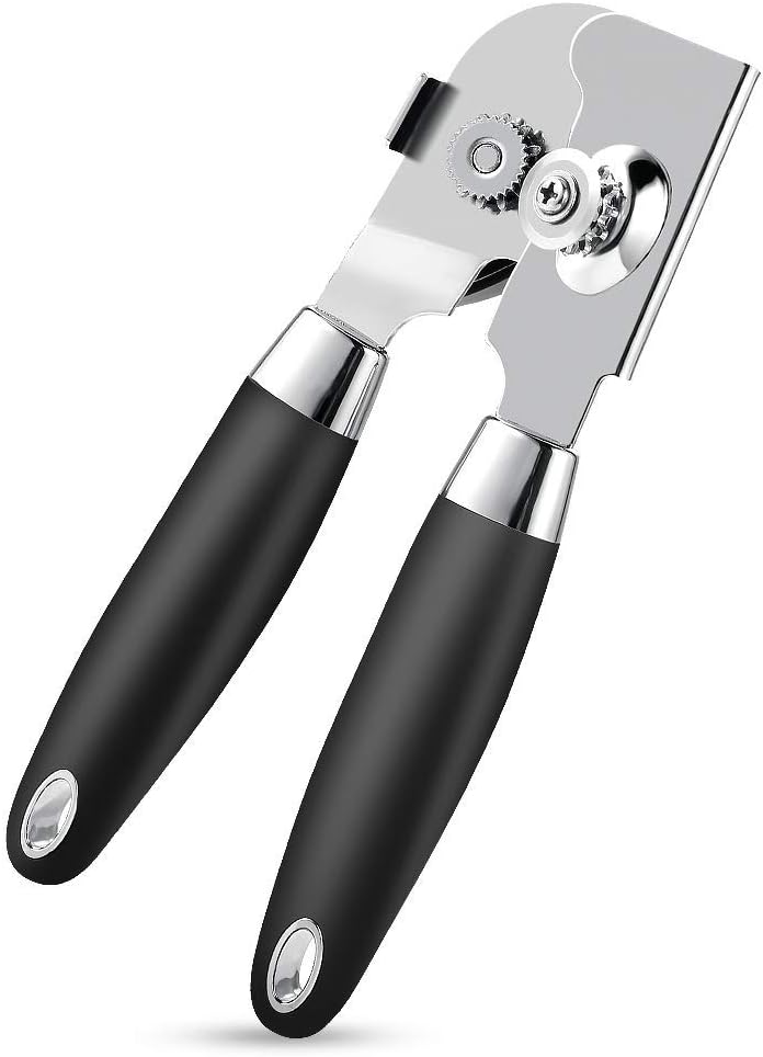 Can Opener Manual, Food Grade Stainless Steel Heavy Duty Opener with Smooth Edge, Ergonomic with Soft Grips Handle Anti-slip Hand Grip, Safe and Efficient Opening, Handy Can Opener, Mysterious Black