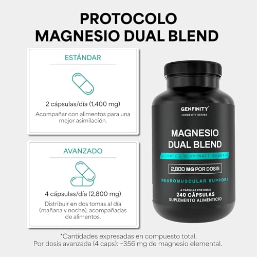 Genfinity Magnesio Dual Blend Longevity Series | 700 mg por Cápsula | 240 Cápsulas | Citrato + Bisglicinato Pureza ≥98% Grado Clínico | Suplemento Alimenticio