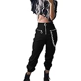Kisswow Women's Cargo Jogger Pants Gothic Cargo Pants with Chain Black Trousers