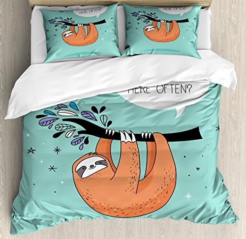 Ambesonne Animal Duvet Cover Set, Cartoon Design Print Sloth with a Flirty Words So You Come Here Often Color Image, Decorative 3 Piece Bedding Set with 2 Pillow Shams, Queen Size, Teal Orange