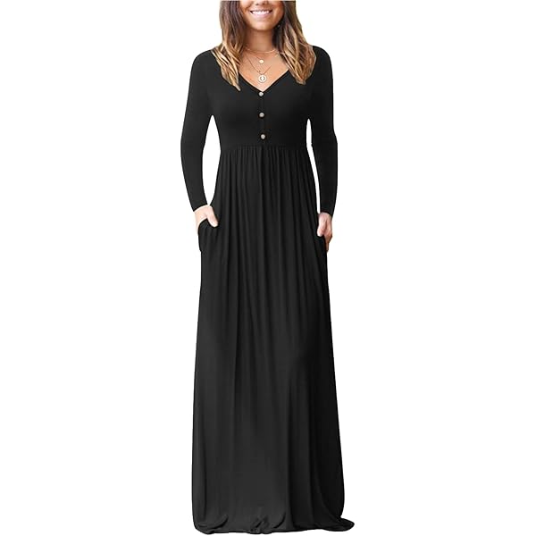 chinese dress ladies GRECERELLE Women Long Sleeve Casual Round Neck Loose Maxi Long Dress with  Pockets, Wine Red, S at Amazon Women's Clothing store