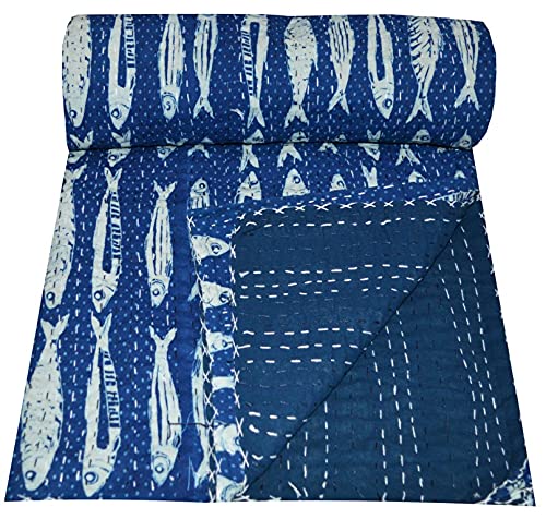 MAVISS HOMES Indian Hand Block Print Kantha Quilt Queen Size Quilt Kantha Bedspread White Quilt Cotton Kantha Throw Bedding (Blue 2, Twin 90 X 60 In)