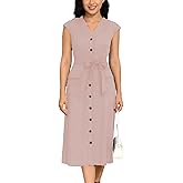 DeftSharp Women's V Neck Workday Dresses Button Down Swing Midi Shirt Dress with Pockets