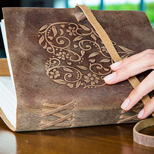 Moonster Leather Journal - Handmade Vintage Writing Notebook With Heart Embossed Cover, Unlined 240 Pages