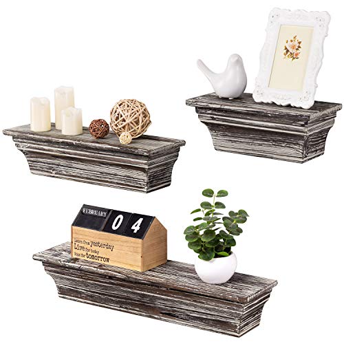 MyGift Rustic Torched Wood Wall Mounted Display Floating Shelves for Bathroom, Kitchen, Bedroom, Living Room, Set of 3