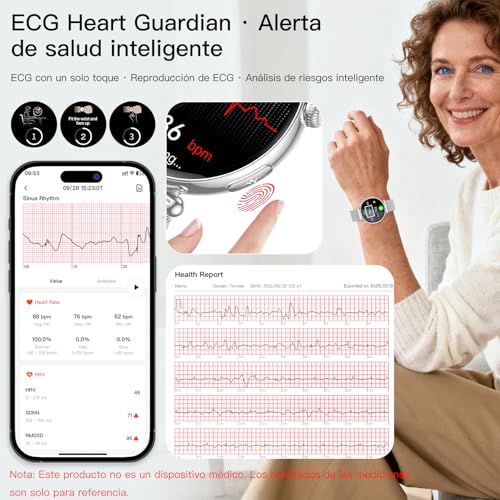 AI-GPT Reloj Inteligente Mujer con ECG Presión Arterial Función Femenina | 1.32"AMOLED Pantalla Reloj Salud,24H Pulsómetro HRV Sueño SpO2 Composición Corporal BMI Fatiga Emociones SOS 30s Mini Chequeo