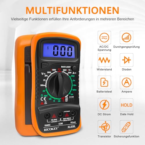 Digital Multimeter Voltmeter Battery Tester Voltage Tester Continuity Tester Ohm Volt Ampere Meter AC/DC Voltage Current Resistance Diode Transistor, Large LCD Display and Backlight