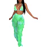 Ophestin Womens Sexy Halter Sheer Bikini Ruffle Long Pants Set 2 Piece Swimsuit