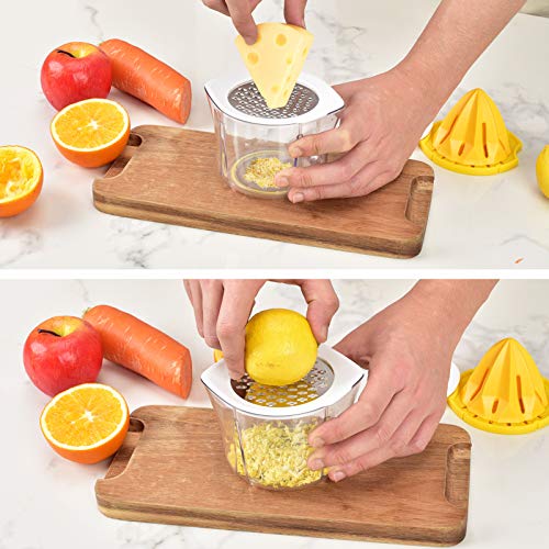 Citrus Lemon Orange Manual Juicer, Multifunctional Hand Squeezer with Built-in Measuring Cup, Grater and Strainer, and Containing Silicone Ice Cube Trays, for Oranges, Lemons, Limes & More (14 OZ)