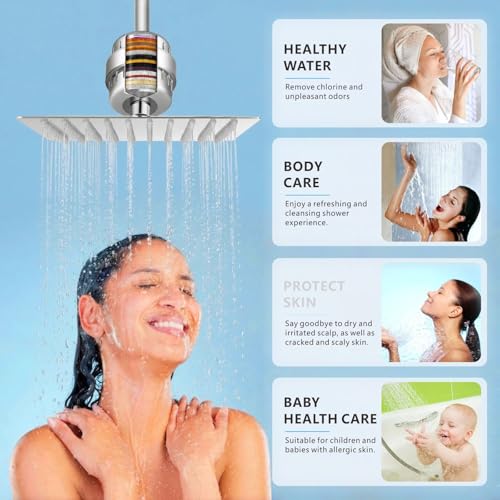 Voolan Rain Shower Head and Shower Filter Set, High Pressure Shower Heads Made of Stainless Steel, Filter Cartridge for Hard Water (25 cm, Square)