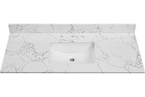 EQLOO 48 Inch Engineered Stone Bathroom Vanity Sink Top, with Undermount Rectangular Middle Sink, Vanity Countertop with 8 inch Faucet Hole Spacing and Backsplash in Lightning White