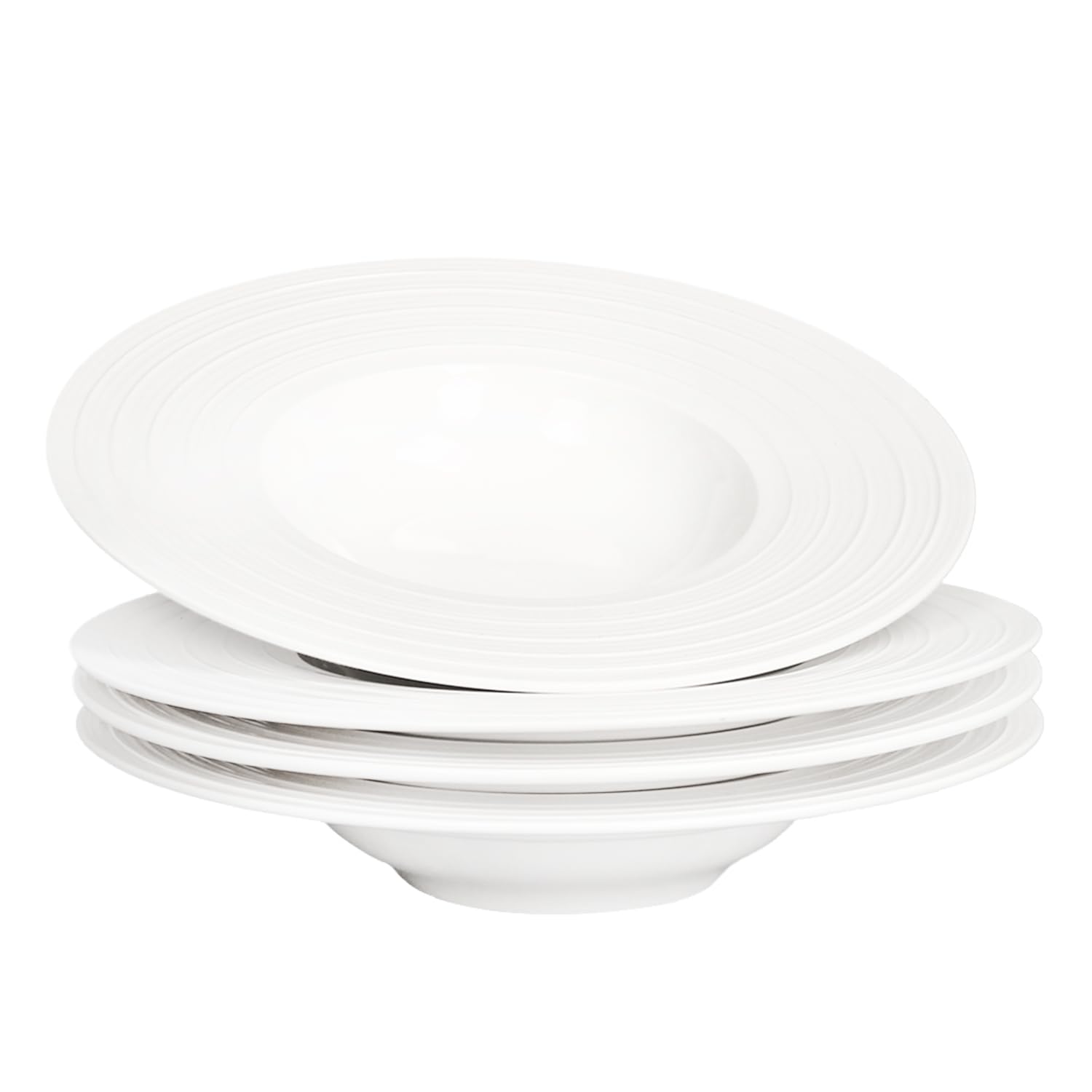 jinsongdafa Soup Bowls, Soup Plates with Rim, 230 ml, Set of 4 White Shallow Bowl Plates, Porcelain Bowls with Rimmed, Best Choice for high-end Restaurants and Gourmets, Embossed Lines 24.3CM