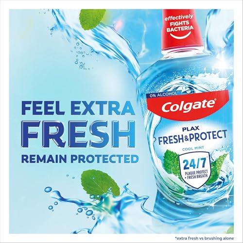 Colgate Plax Cool Mint Mouthwash 1L | fresh breath mouthwash | instant long-lasting freshness | no burn experience | 24/7 plaque protection when used twice daily | clinically tested by dentists | Alcohol-Free* Vegan Mouthwash with 24/7 Plaque Protection** and Long-Lasting Freshness