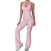 KAIFUYING Women Workout Scrunch Flare Jumpsuits Lace Deep V Hanging Neck Halter Backless Butt Lift Gym Yoga Jumpsuits