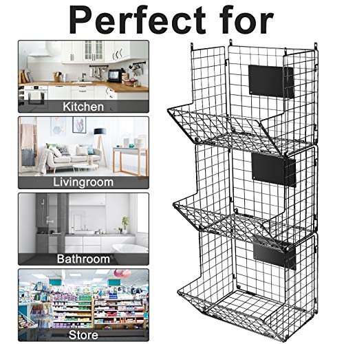 3 Tier Hanging Wire Basket - Wall Mounted Storage Bins for Pantry with Removable Chalkboards, Kitchen Fruit and Vegetable Storage Baskets, Metal Shelves Pantry Organization Containers Rack Produce Bin
