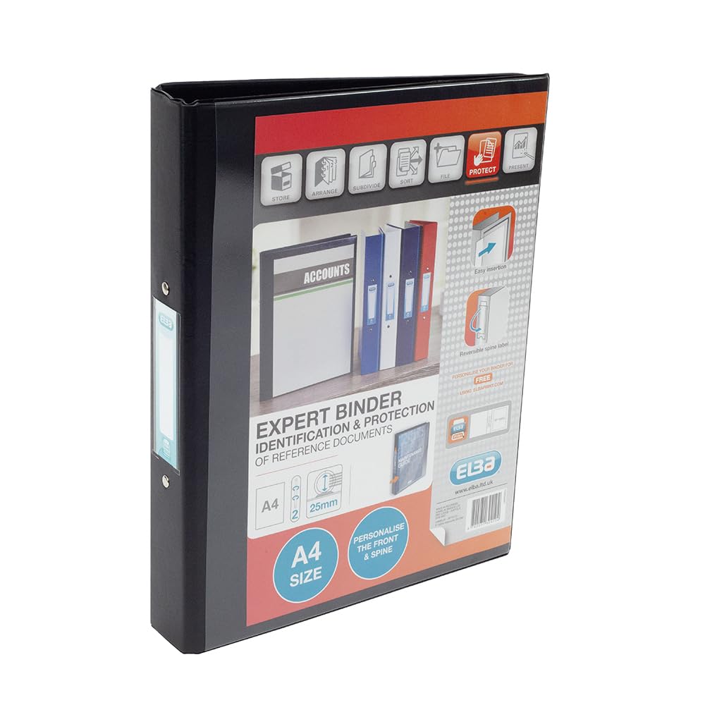 Elba A4 2 O-Ring Binder, 25mm capacity, 30mm spine, Presentation Folder with Customisable Cover, Portrait, Black (Pack of 10)