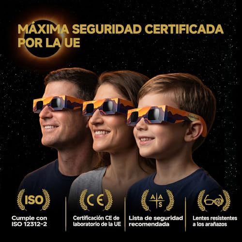 Paquete de 3/5/10/25 Gafas Eclipse Solar Homologadas ISO 12312-2 & Certificación CE - Seguras para la observación directa - Gafas para ver eclipses solares - AAS Lista - Eclipse total 2026